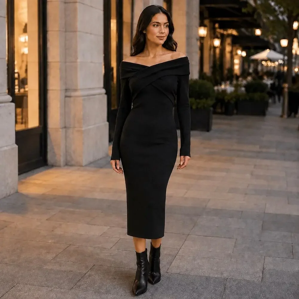 NWT Abercrombie & Fitch Black Off Shoulder Sweater Dress Midi Bodycon Elegant XS